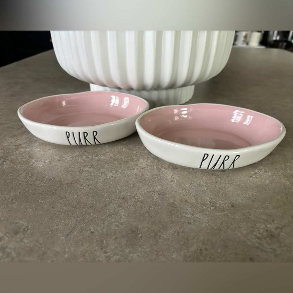 Pink and White Rae Dunn Cat Dishes PURR